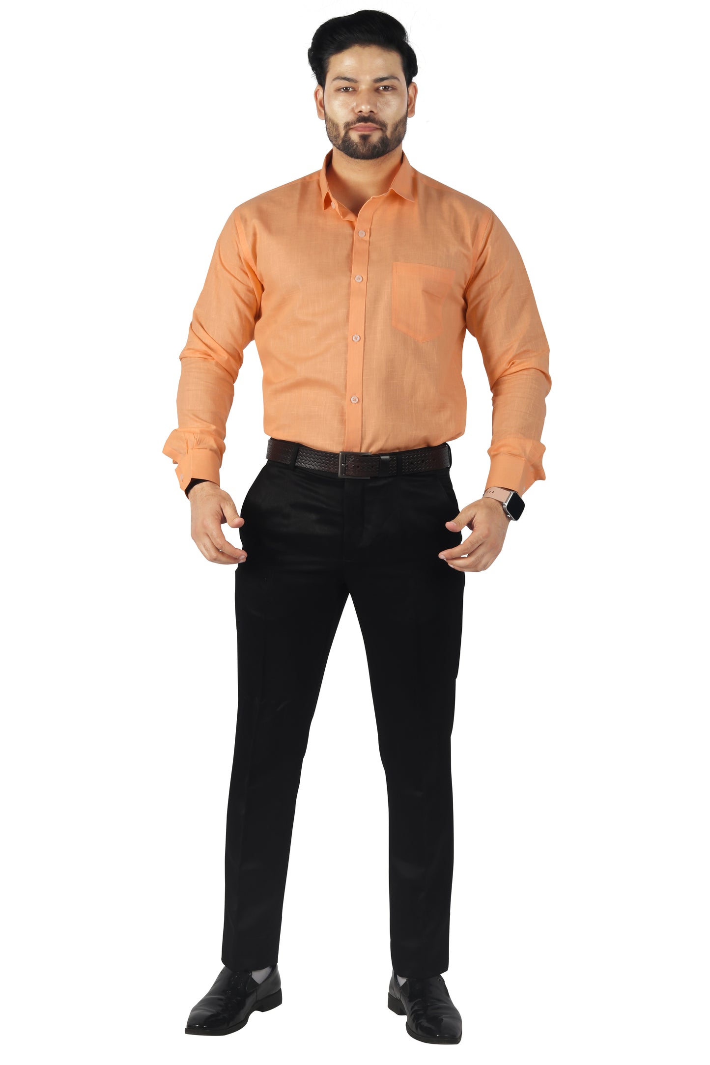 Model wearing full sleeve orange linen cotton shirt