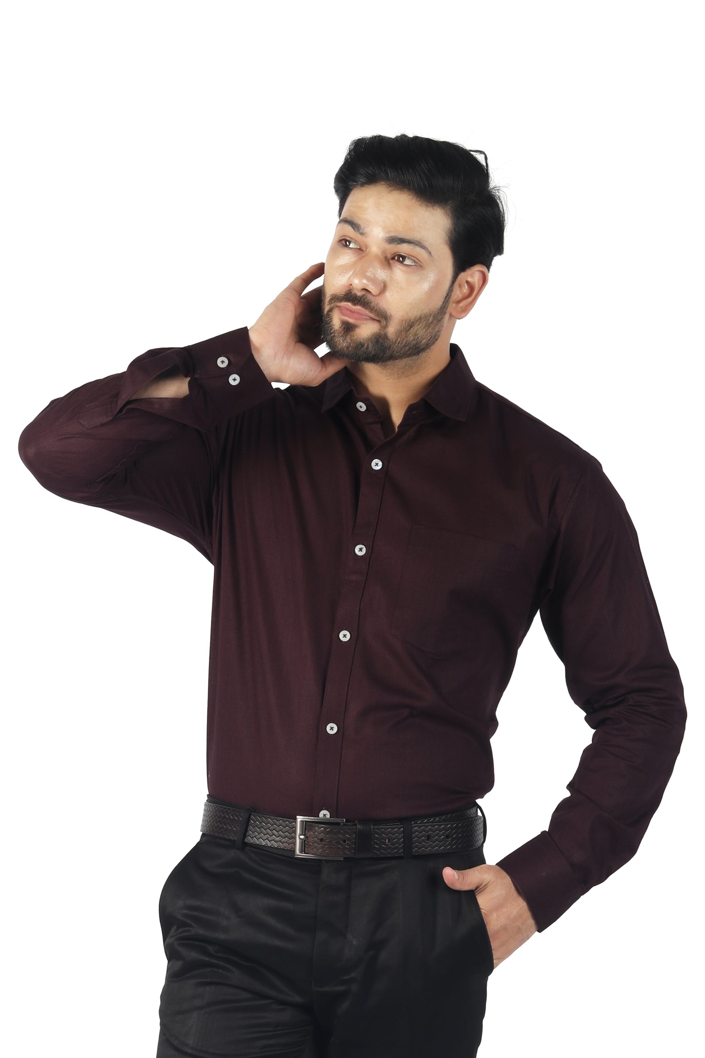 Model wearing full sleeve purple linen cotton shirt