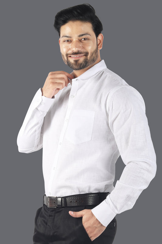 Model wearing full sleeve white linen cotton shirt