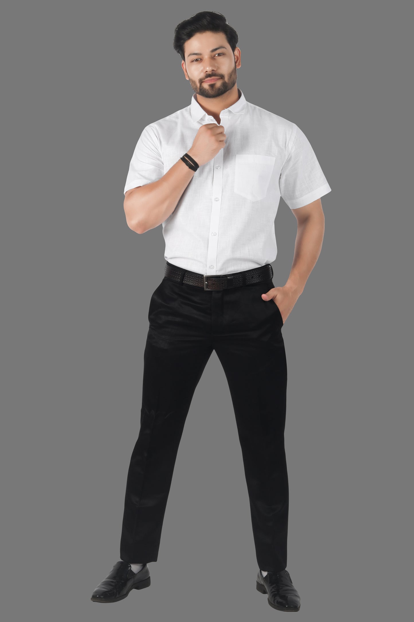 Model wearing half sleeve white linen cotton shirt