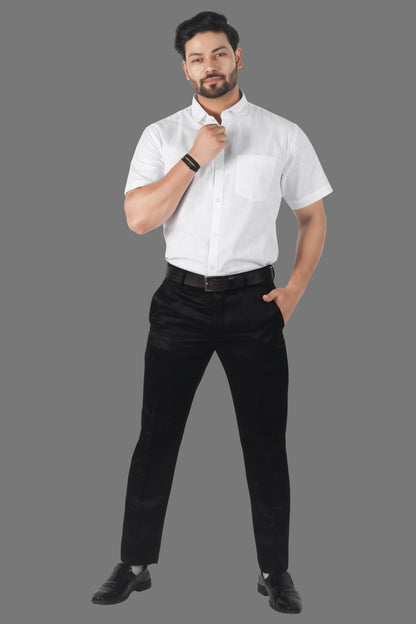 Model wearing half sleeve white linen cotton shirt