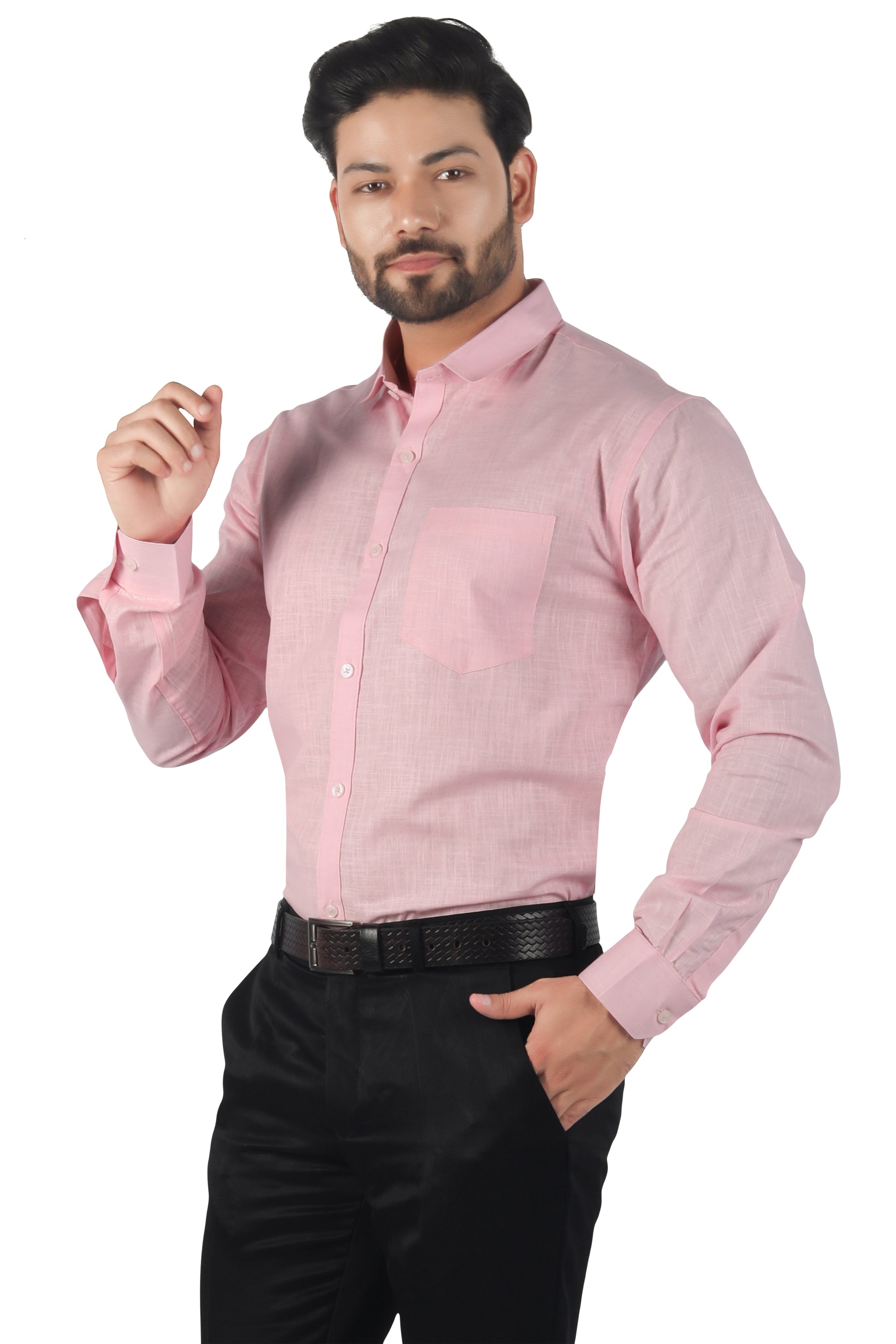 Model wearing men’s pink linen cotton full sleeve shirt