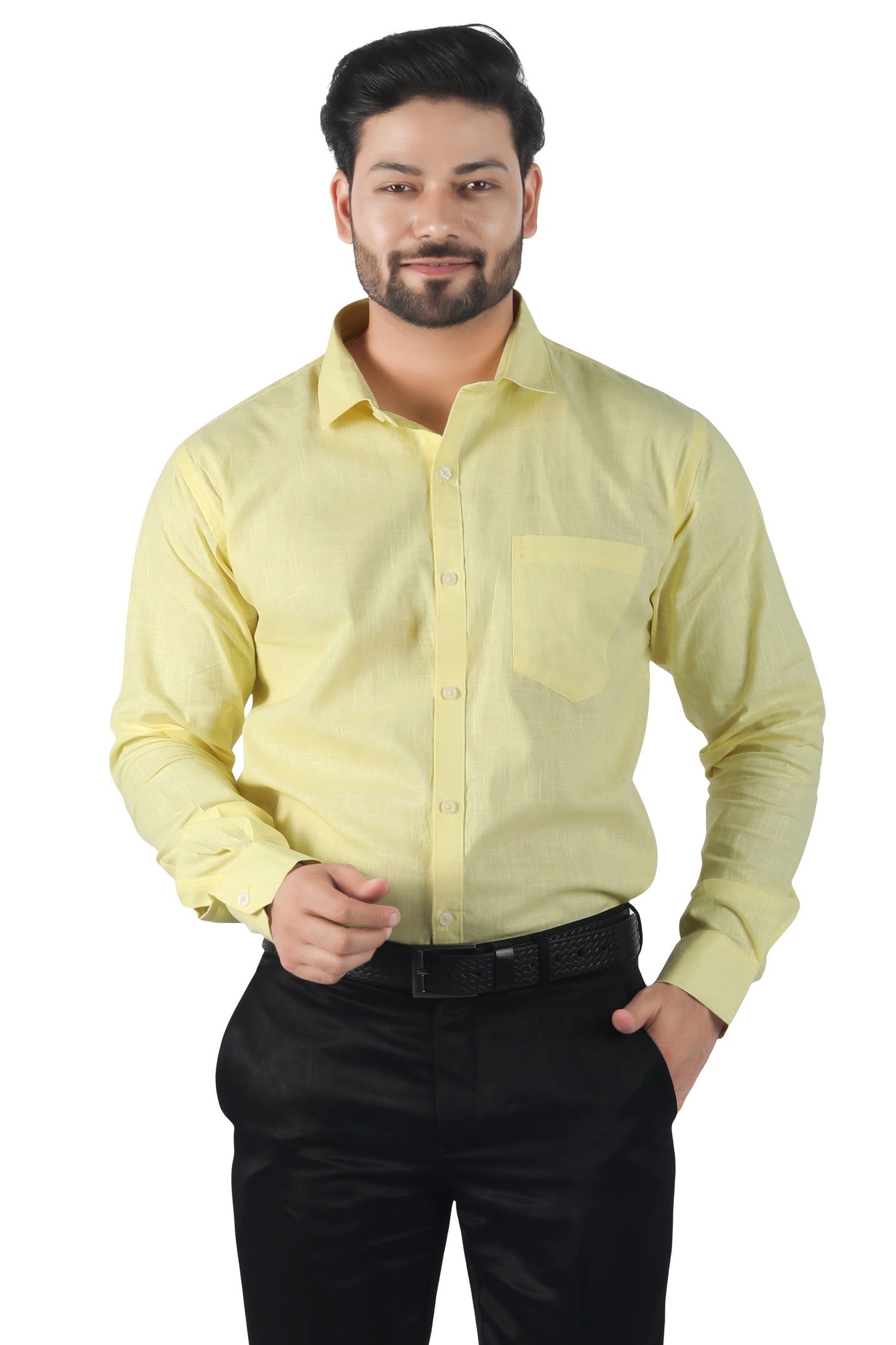 Model wearing yellow full sleeve linen cotton shirt