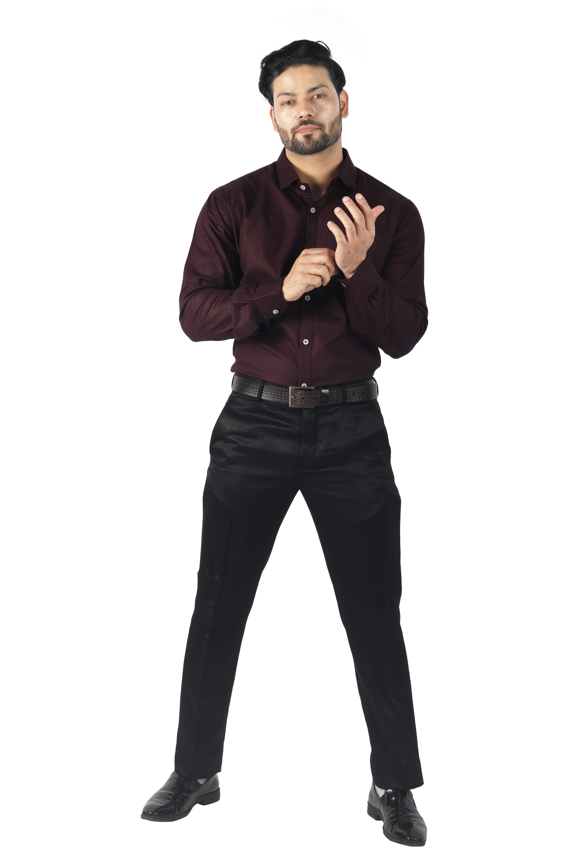 Purple linen cotton shirt styled with black trousers