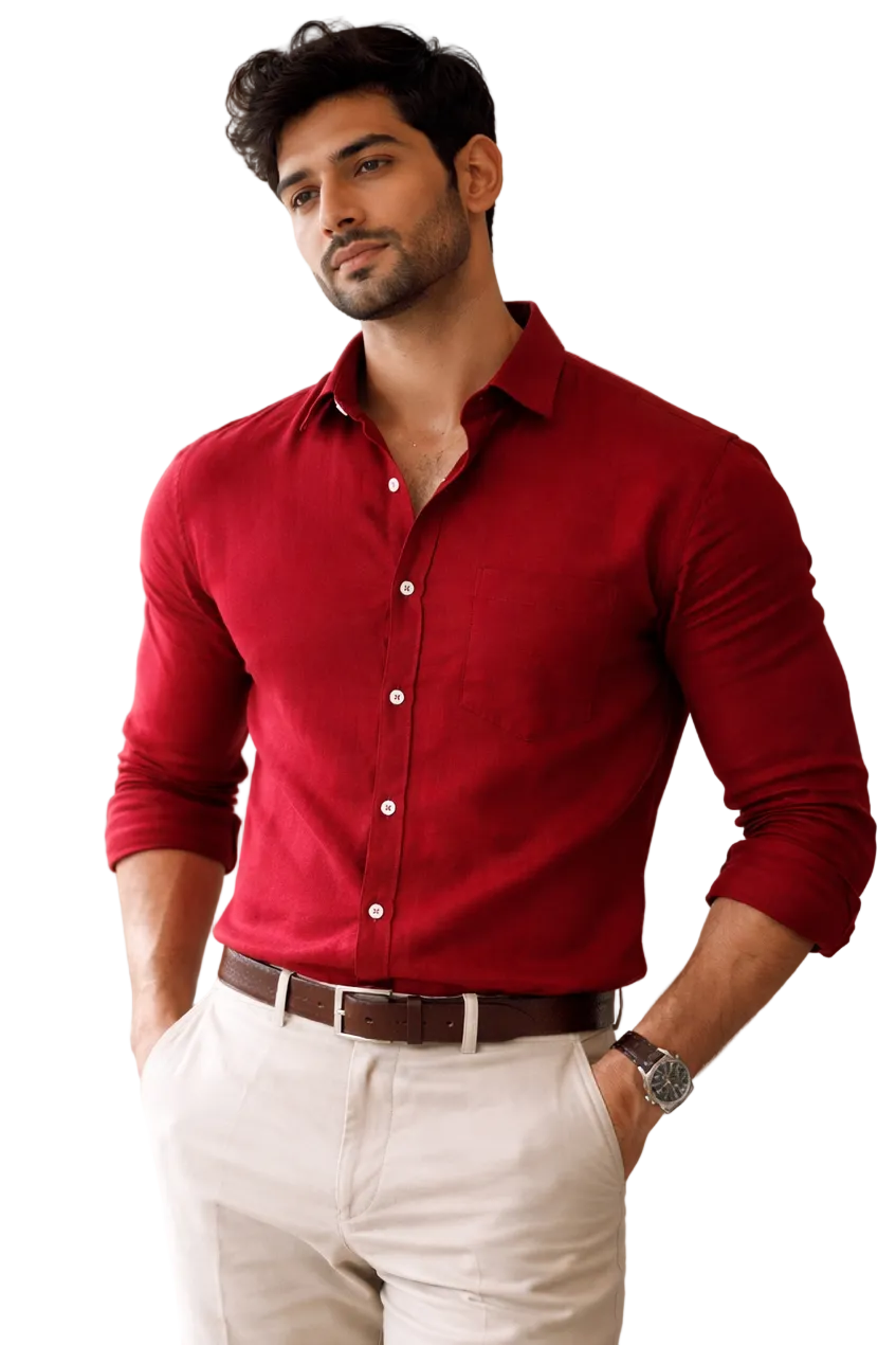 Man wearing a red shirt and white pants in an indoor setting