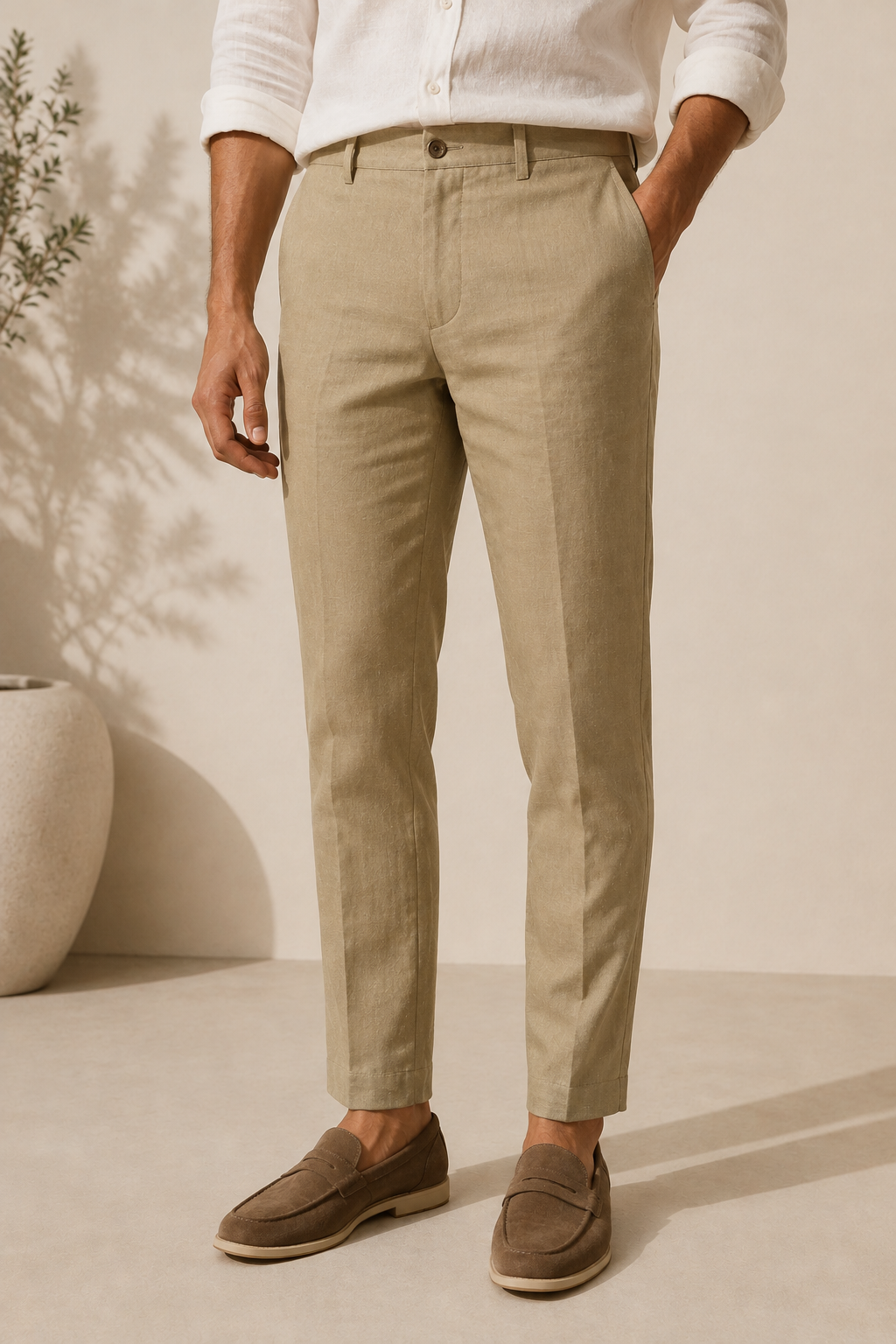 White Linen Cotton Shirt +  Khaki Linen Trousers