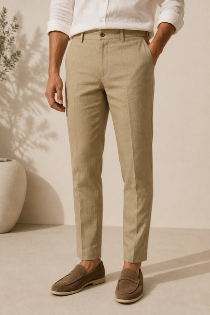 White Linen Cotton Shirt +  Khaki Linen Trousers