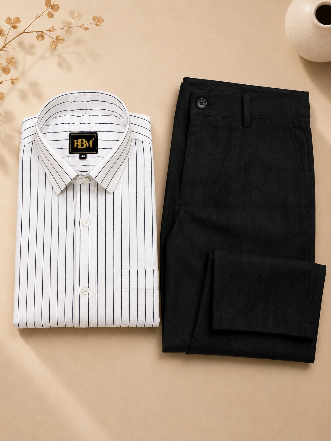 Navy Blue Lining Shirt +  Black Linen Trousers