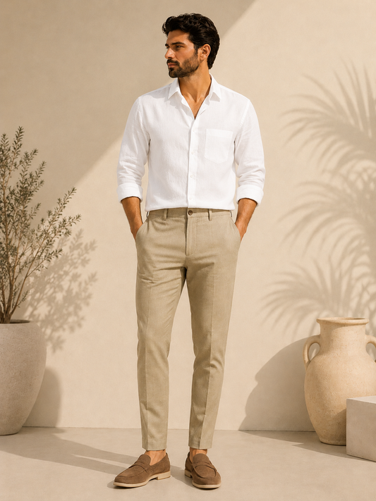 White Linen Cotton Shirt +  Khaki Linen Trousers