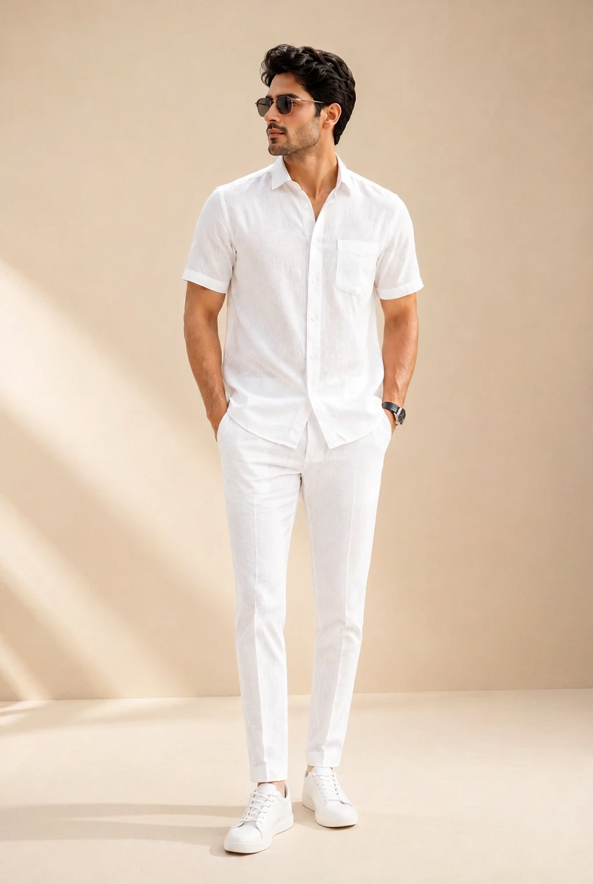 Combo White Linen Cotton Shirt Half Sleeves and White Pant