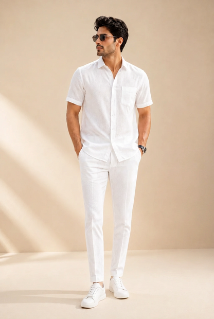 Combo White Linen Cotton Shirt Half Sleeves and White Pant