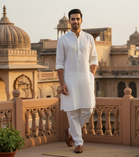 Man in white traditional attire standing on a balcony with architectural background