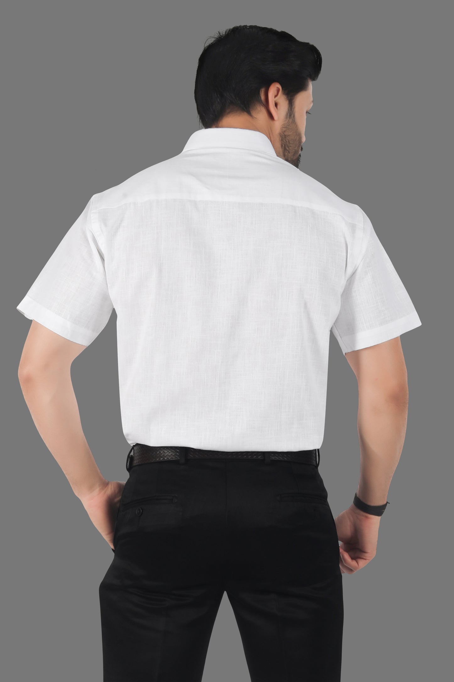 White linen cotton shirt half sleeves back view