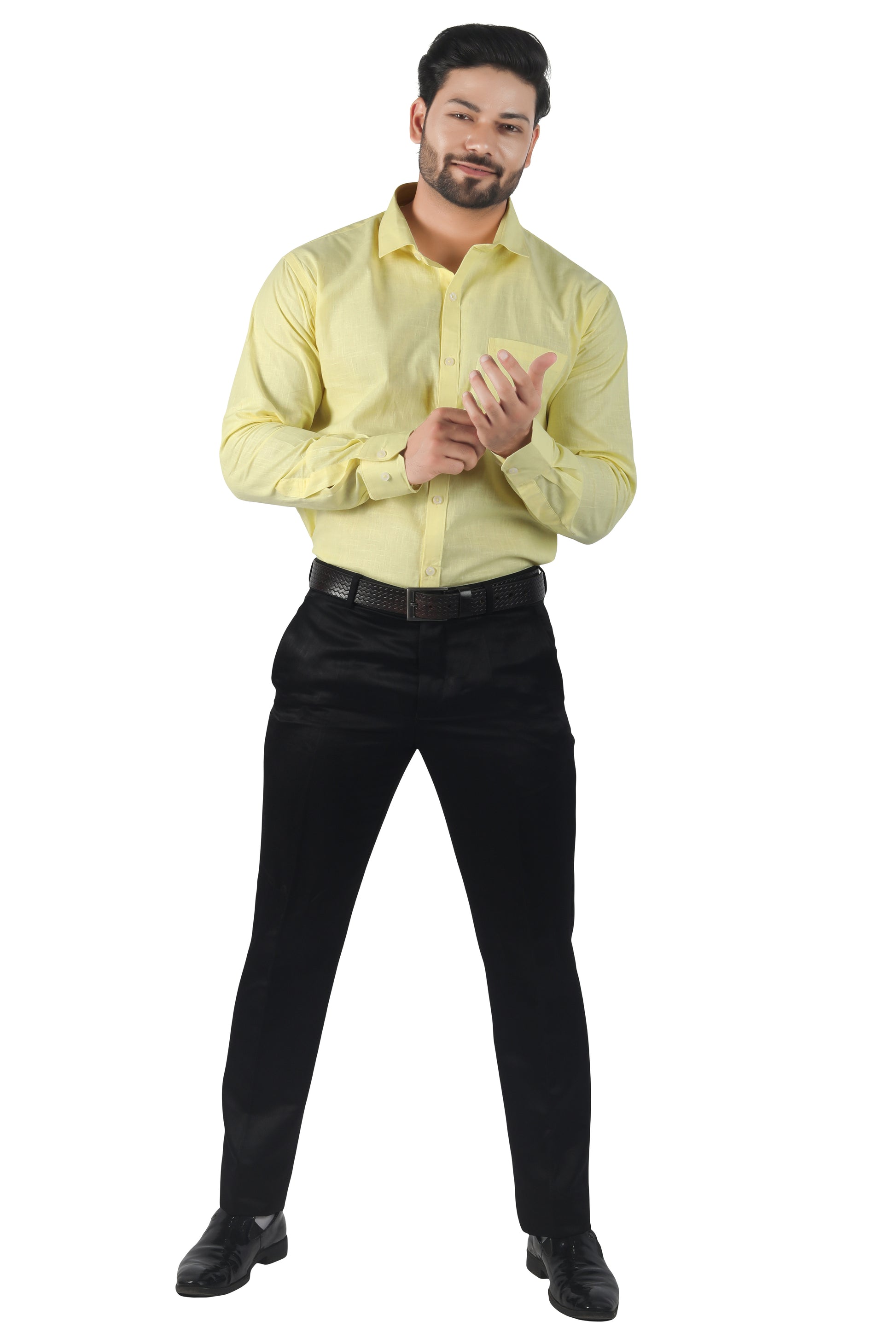 Yellow linen cotton shirt styled with black chinos