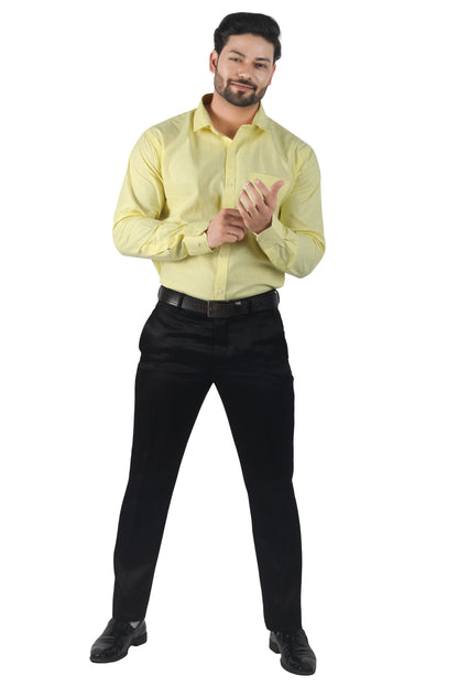 Yellow linen cotton shirt styled with black chinos