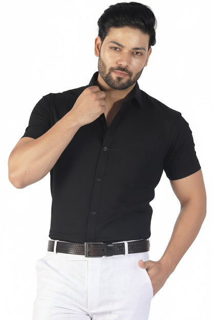 Stylish black linen half sleeve shirt for men, lightweight and elegant
