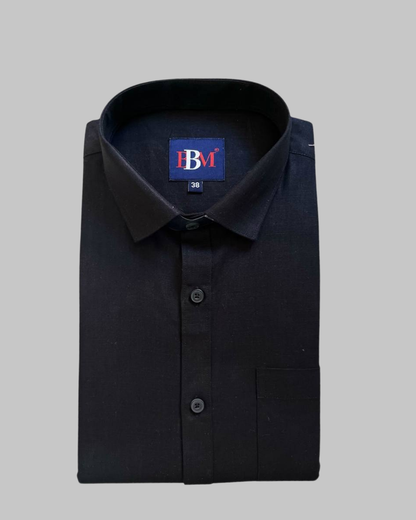 Premium BBM men’s half sleeve linen shirt in jet black, modern and elegant.