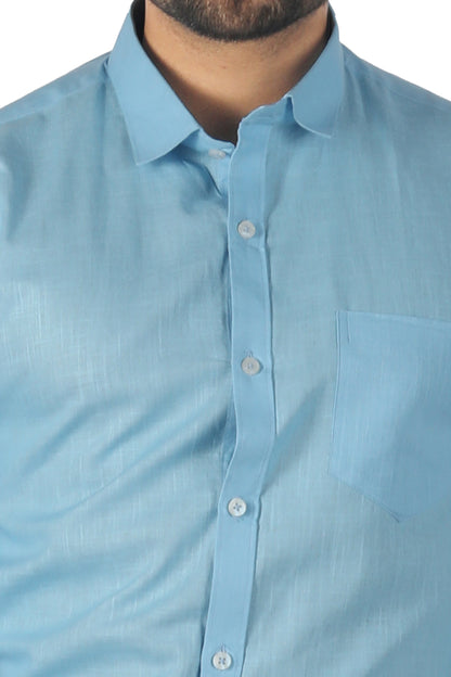 Close-up of blue linen cotton fabric texture