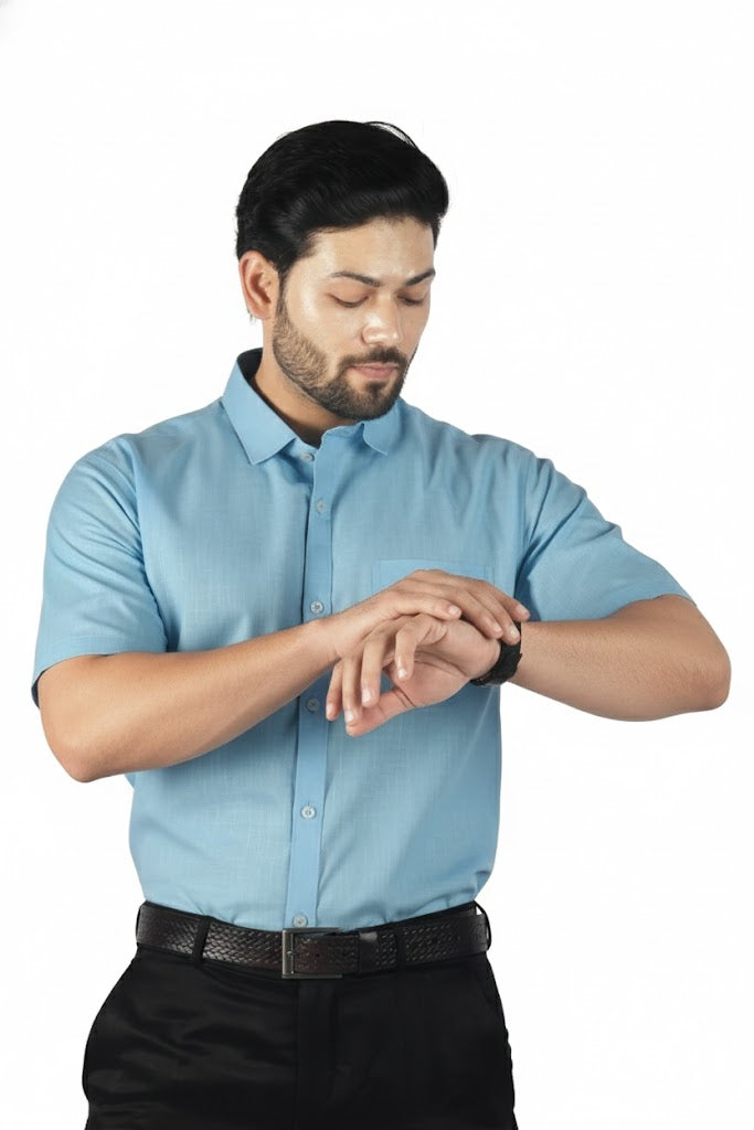 Sophisticated blue linen shirt in a minimal half sleeve cut, tailored for premium comfort and clean style.
