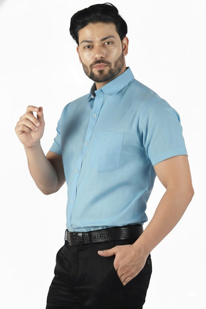 Modern light blue linen half sleeve shirt for men by BBM, crafted for minimalist aesthetics and premium comfort.