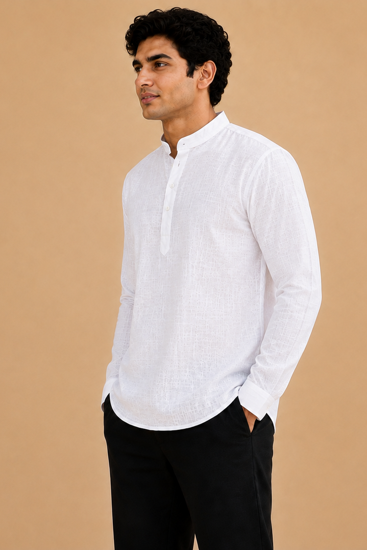 Pure White Lyocell Linen Short Kurta Full Sleeves
