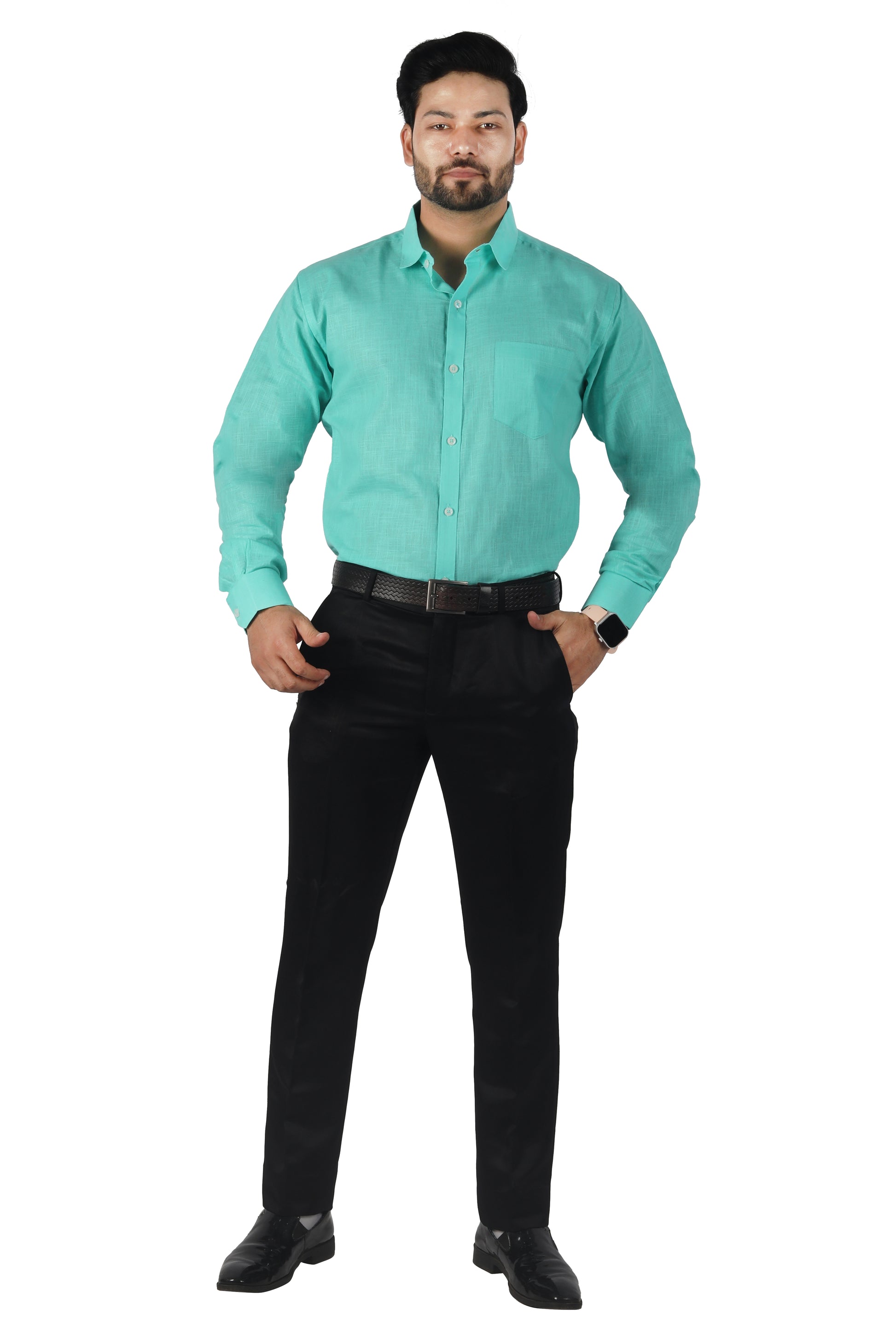 green linen cotton shirt styled with chinos