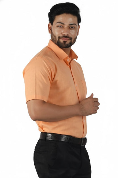 Orange colored half sleeve linen shirt for men, natural and classy.