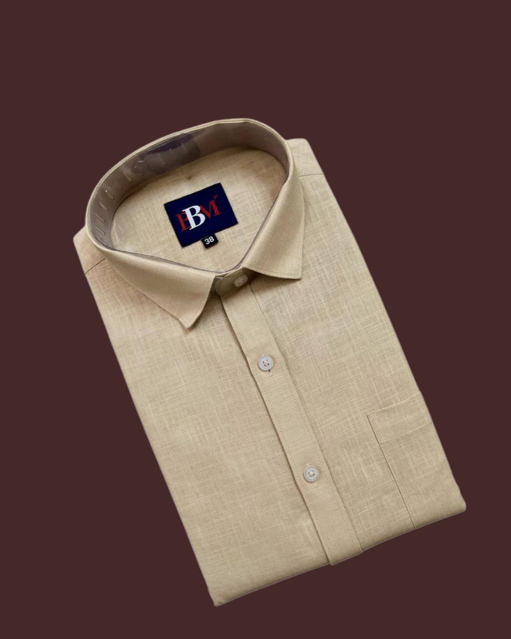 Premium khaki linen shirt for men with half sleeves, clean lines, and subtle luxury finish.