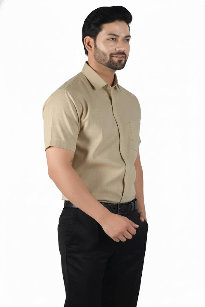 Soft khaki linen half sleeve shirt for men with premium tailoring and understated elegance.