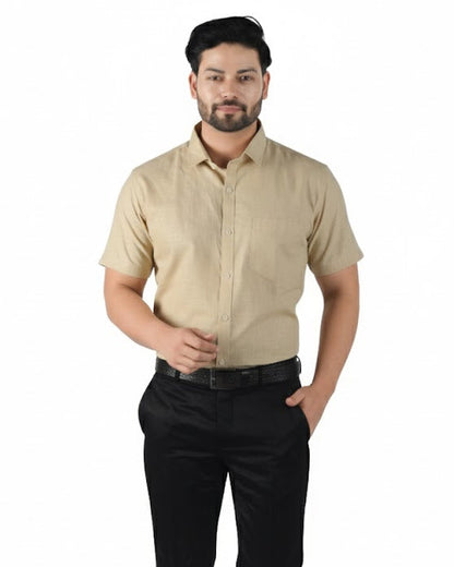Premium khaki linen half sleeve shirt for men – tailored minimalist design, breathable fabric.