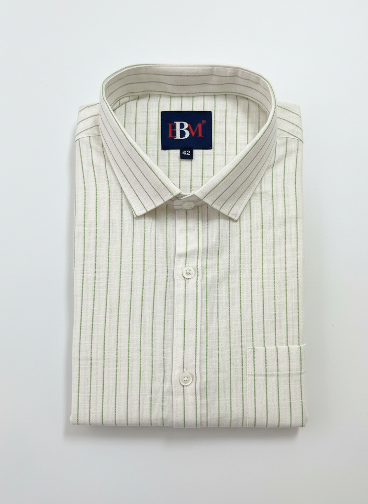Folded striped shirt with a visible brand label on a white background