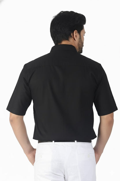 Trendy black half sleeve linen shirt for men, perfect for casual and office wear.
