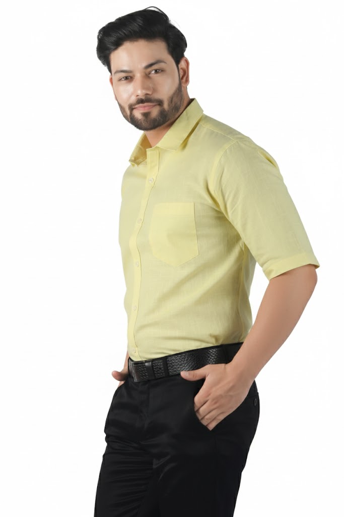 Casual yellow linen shirt for men, half sleeves, lightweight and stylish