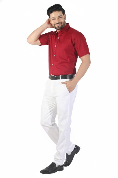 Minimalist maroon linen half sleeve shirt for men, soft natural linen texture.