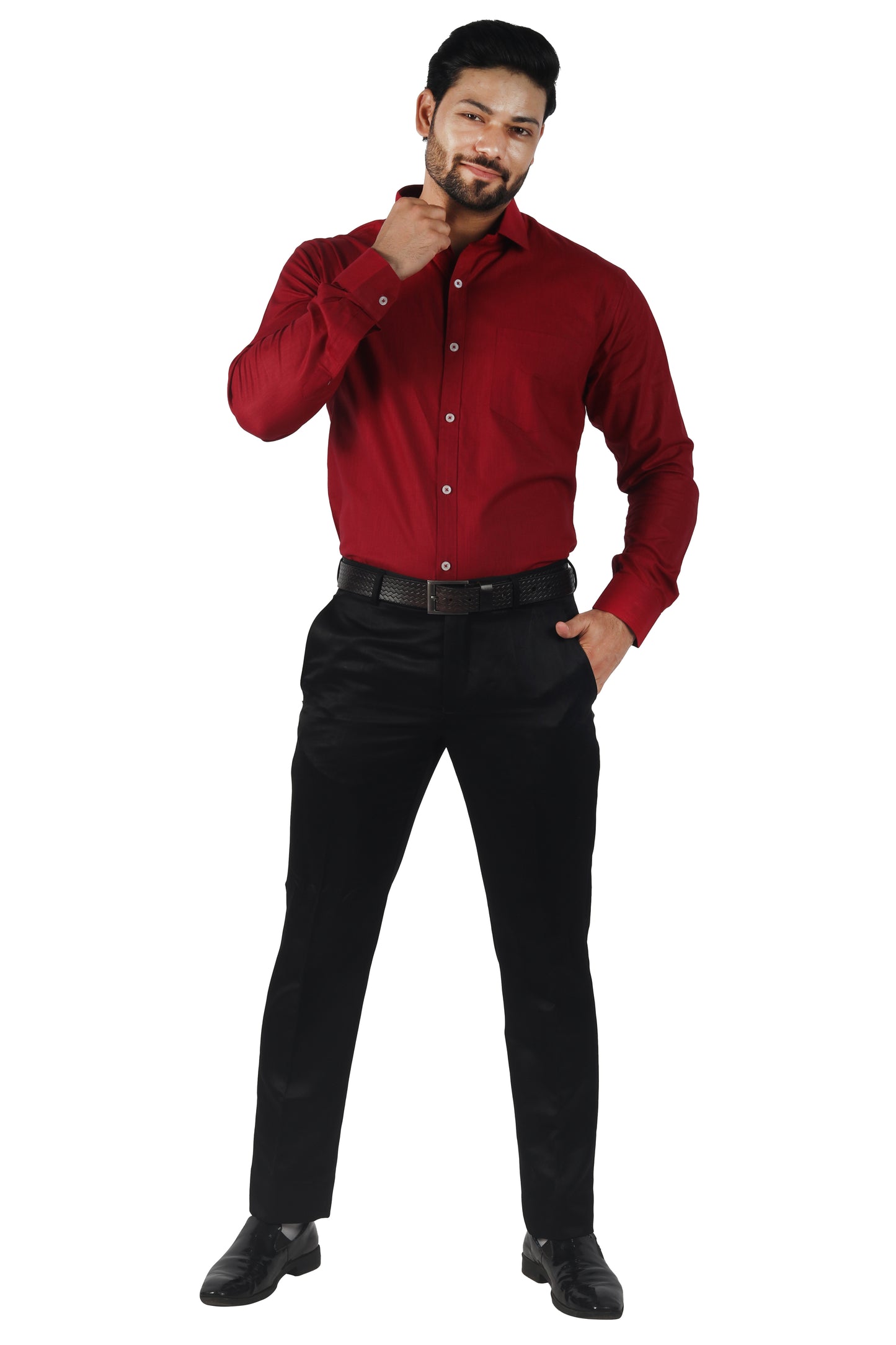 maroon linen cotton shirt styled with black trousers