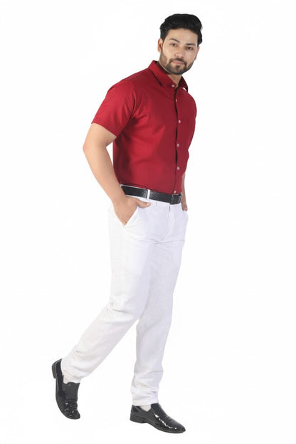 Maroon linen half sleeve shirt for men with soft breathable fabric and minimalist design.