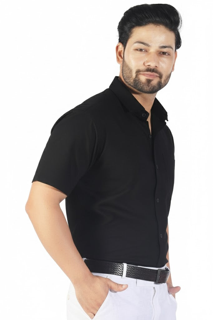 Men’s black half sleeve linen shirt with natural linen texture and comfortable fit.
