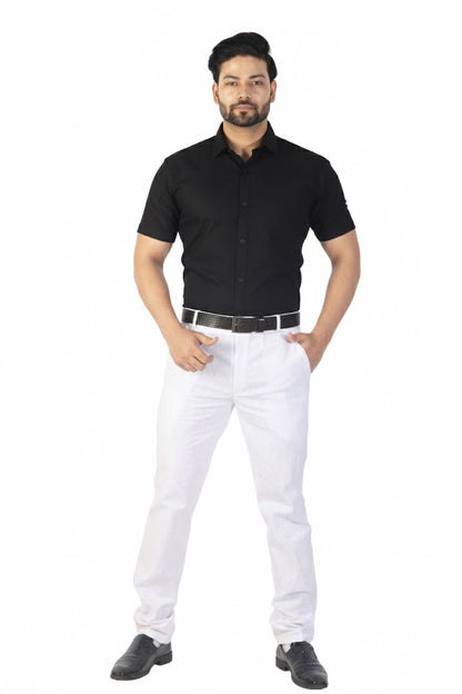 Stylish black linen half sleeve shirt for men, lightweight and elegant.