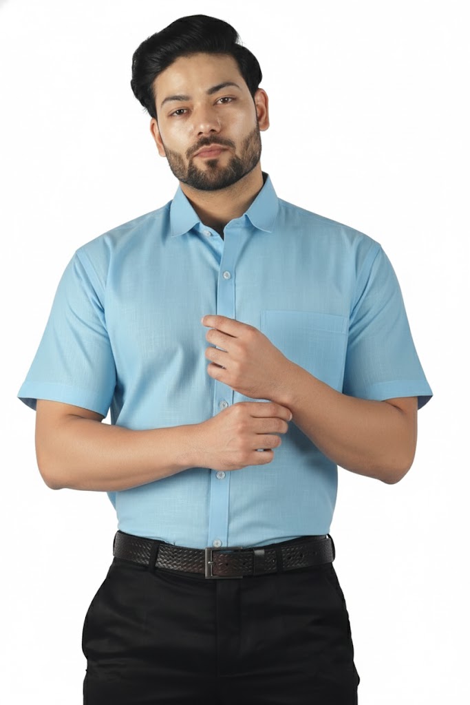 Premium blue linen half sleeve men’s shirt with soft breathable weave and understated elegance.
