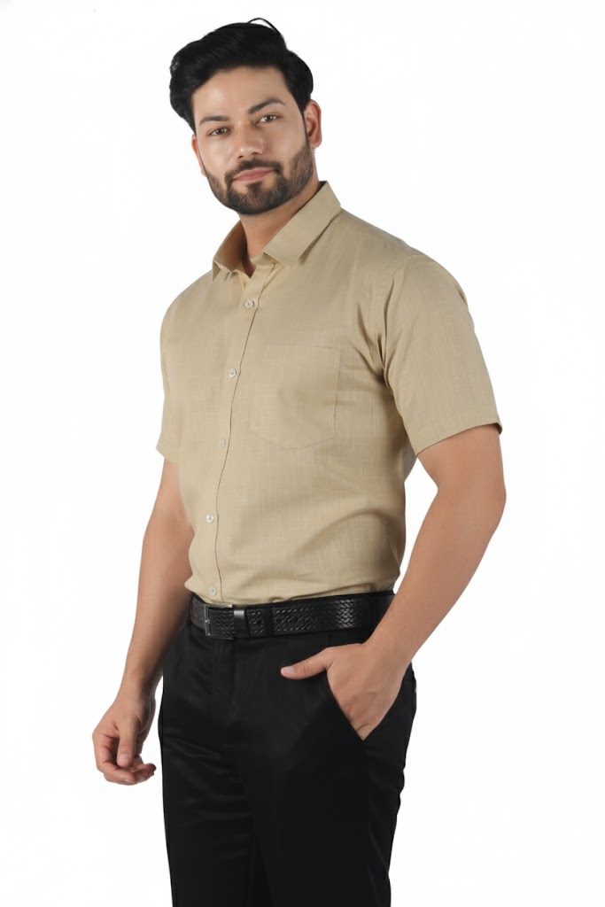 Premium sand khaki linen half sleeve shirt for men, clean lines and subtle natural texture for timeless style.