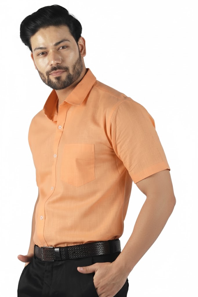 Men’s orange half sleeve linen shirt inspired by sunset hues, lightweight and stylish.