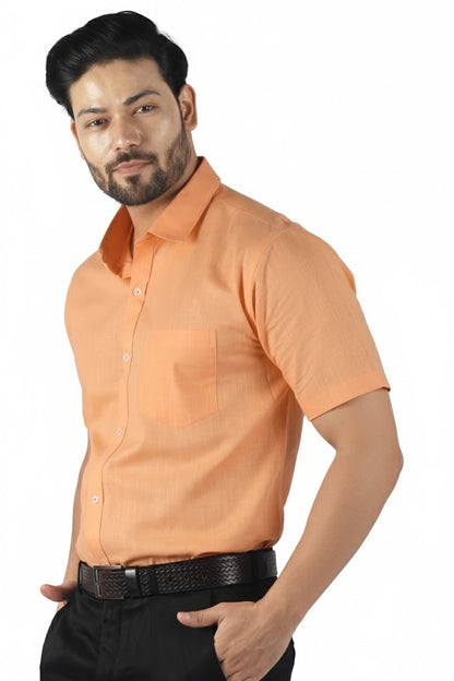 Men’s orange half sleeve linen shirt inspired by sunset hues, lightweight and stylish.