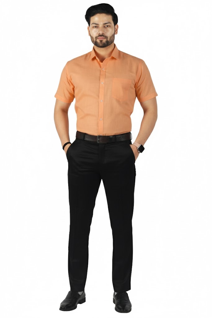 Timeless orange linen half sleeve shirt for men, soft fabric and smart fit.