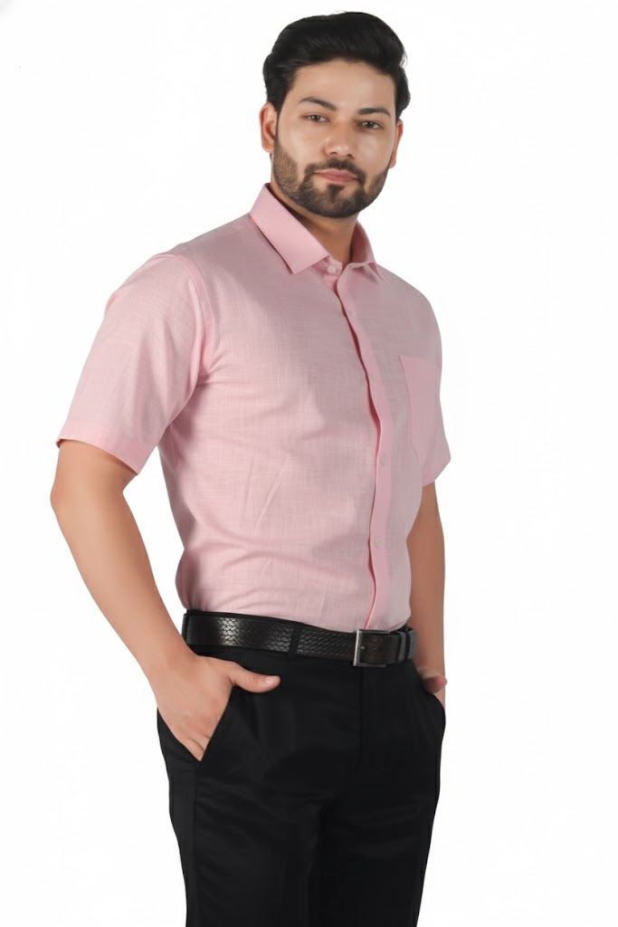 Soft pink half sleeve linen shirt for men with clean lines, premium texture, and a calm, minimalist design.