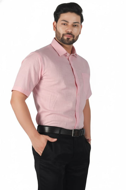 Soft pink half sleeve linen shirt for men with clean lines, premium texture, and a calm, minimalist design.