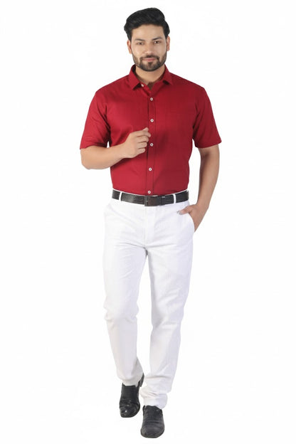 Premium men’s maroon linen shirt, half sleeves, elegant natural texture for casual or office wear.