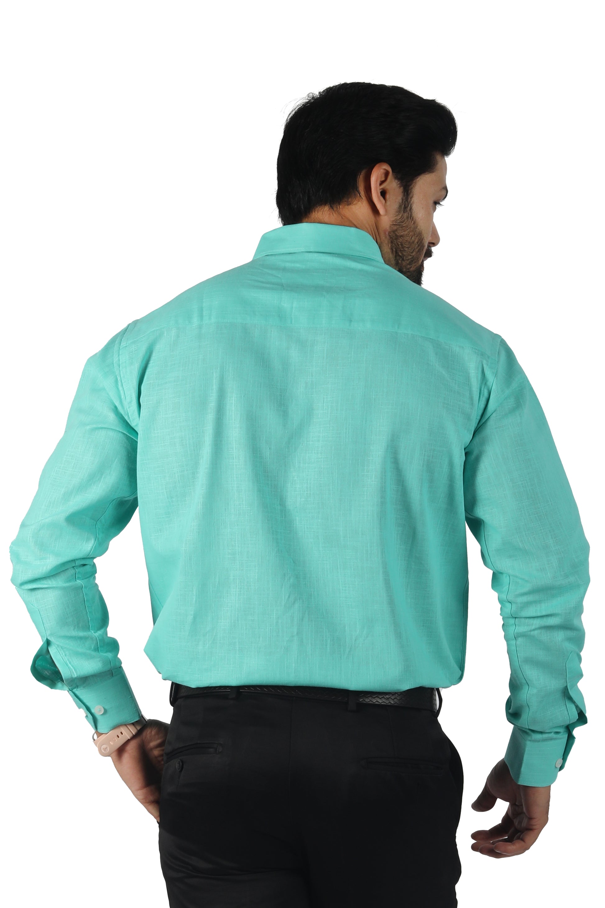 men’s green linen cotton blended shirt back view