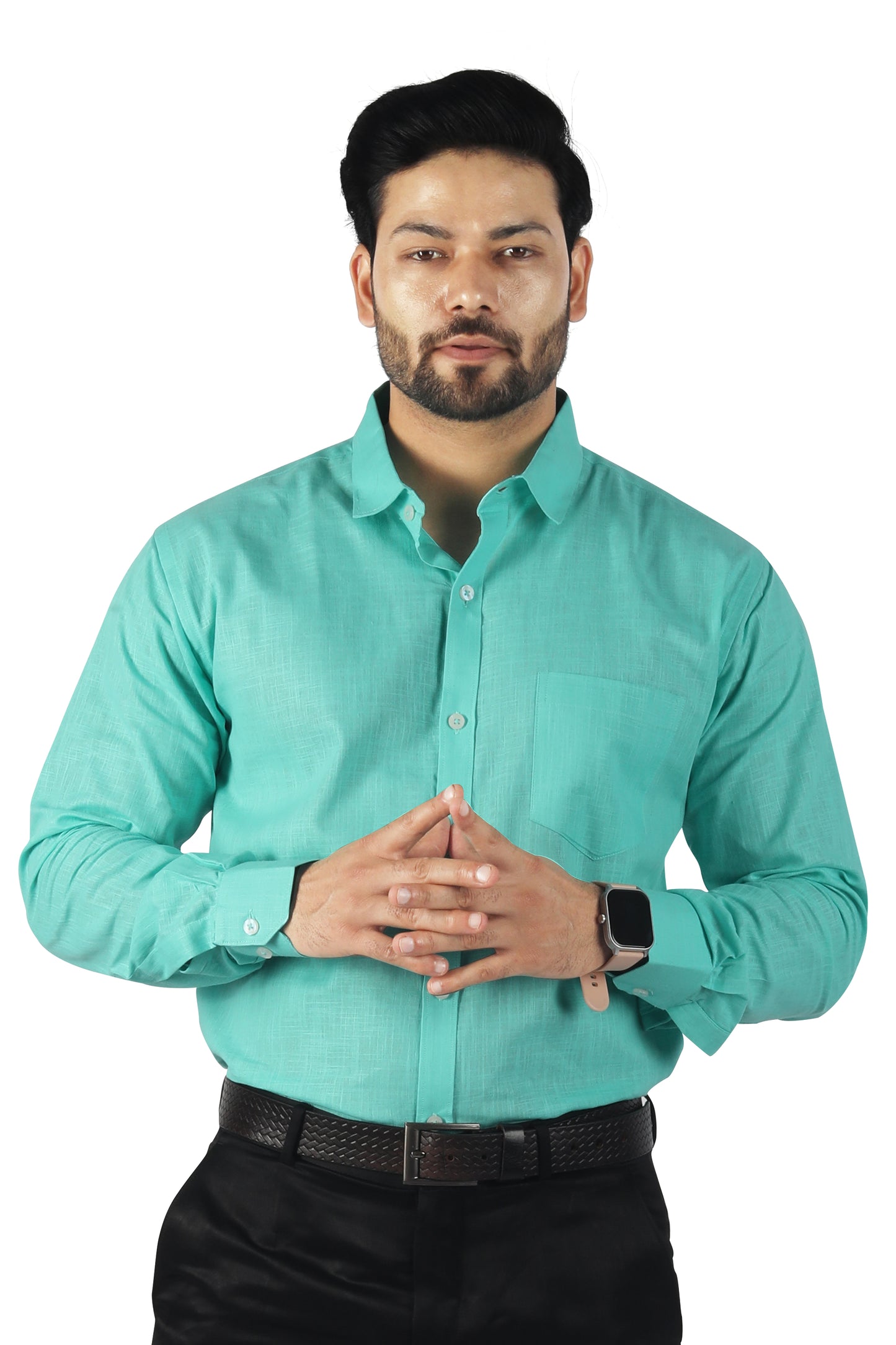 men’s green linen cotton blended shirt front view