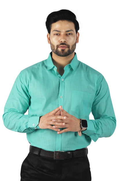 men’s green linen cotton blended shirt front view