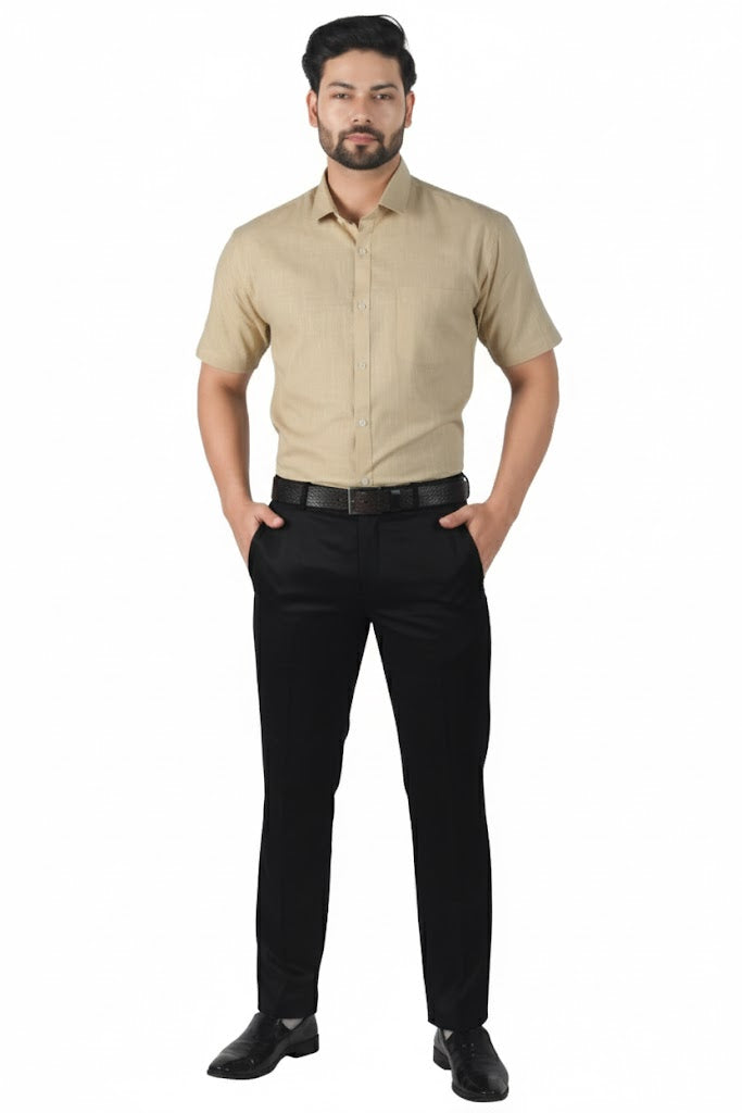 Male model wearing khaki linen half sleeve shirt – classic minimalist look, breathable summer style.